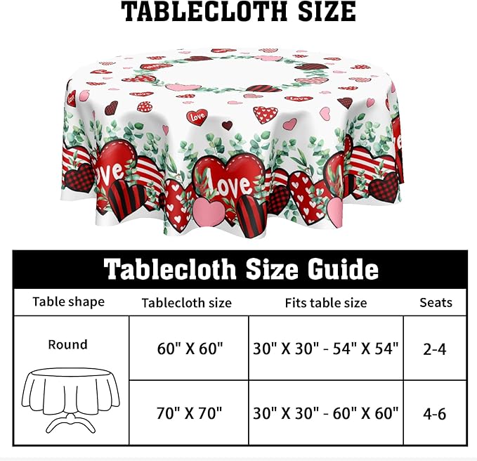 Valentines Day Round Tablecloth 60 Inch Red and Pink Hearts Eucalyptus Circle Table Cloth Valentine Holiday Table Cover for Party Kitchen Dinner Home Decor