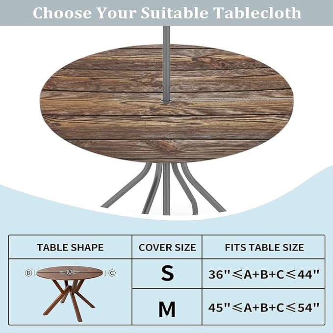 Brown Wooden Texture Round Fitted Tablecloth with Umbrella Hole and Zipper, 45"-56" Outdoor Elastic Tablecloths Wipeable Patio Table Cover for Garden Table Picnic Party BBQs Camping