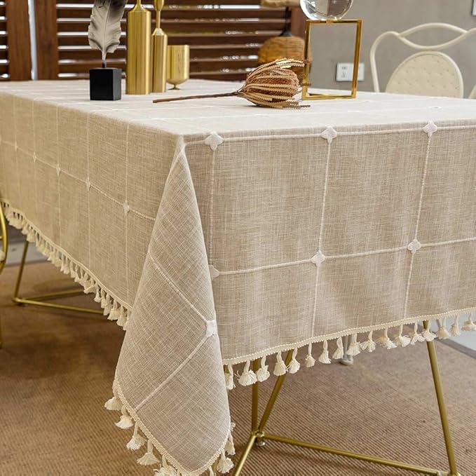 Deep Dream Tablecloths, Embroidered Waterproof Checkered Table Cloth Cotton Linen Wrinkle Free Anti-Fading Table Cover Decoration for Kitchen Dinning Party Christmas, 55 x 55 Inch - Light Brown