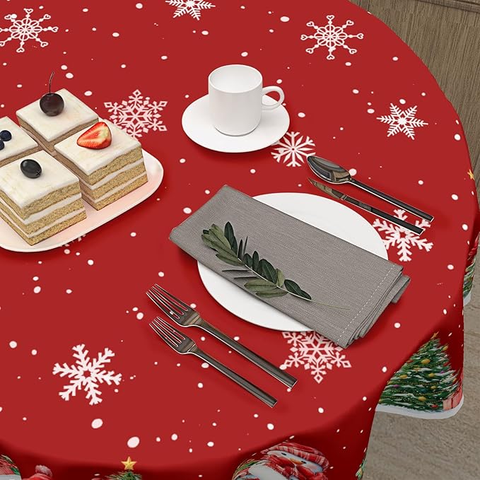 Round Christmas Tablecloth 60 Inch Xmas Red Snowman Truck Tree Snowflake Circle Table Cloth Winter Holiday Decorative Table Cover for Kitchen Dinner Home Decor