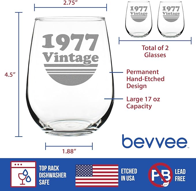 Bevvee Vintage 1977 Stemless Wine Glass - 49th Birthday Gifts for Women & Men Turning 49 - Bday Party Decor - Set of 2 - Large 17 oz