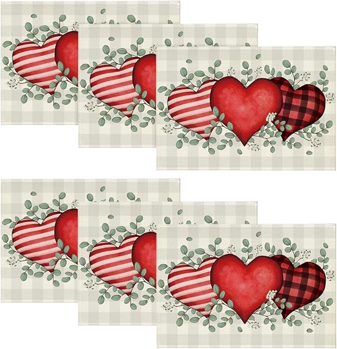 Artoid Mode Buffalo Plaid Eucalyptus Hearts Valentine Placemats Set of 6, 12x18 Inch Wedding Holiday Table Mats for Party Kitchen Dining Decoration