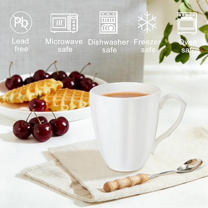 Fine Bone China Coffee Mugs Set of 6 (12 oz), White Pumpkin Shaped Tea Cups, Lightweight Ceramic Coffee Mugs for Women, DIY Gifts for Festival, Microwave Oven and Dishwasher Safe