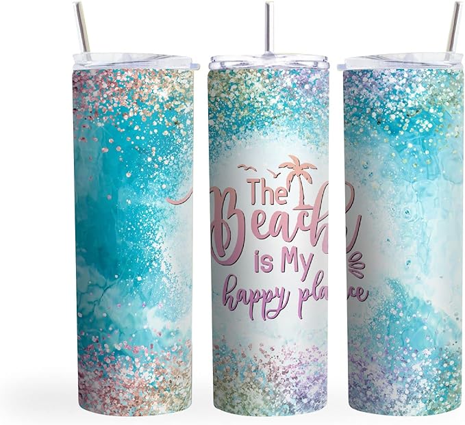 MRC Wood Products 20oz Skinny Tumbler The Beach Is My Happy Place - Stainless Steel Double Wall Insulated Cup With Lid And Straw