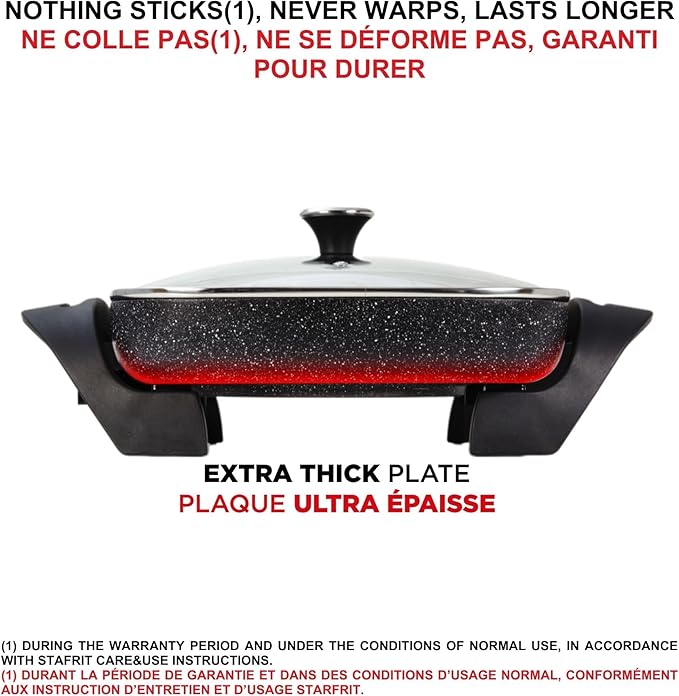Starfrit The Rock Electric Skillet - 12" x 12" - Rock.Tec Non-Stick Cooking Surface - Tempered Glass Lid - 1200W