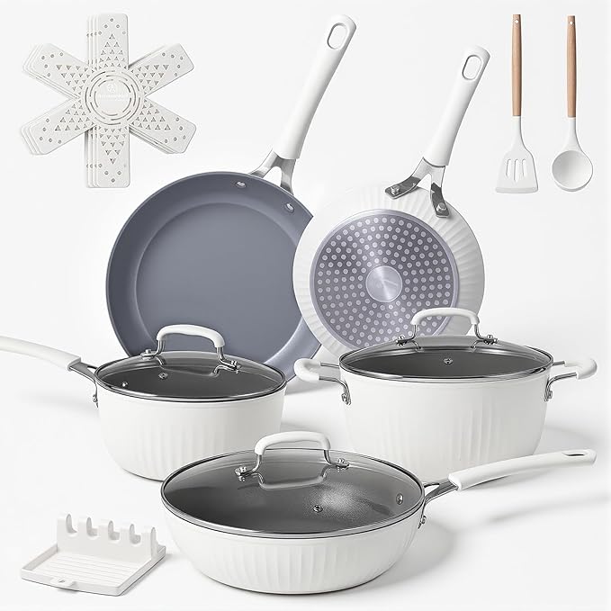 Ammeloo 15-Piece Ribbed Ceramic Cookware Set, Pots and Pans Set Non Stick, Induction Ready, Healthy Non Toxic Kitchen Cooking Set PFAS/PFOA/PTFE-Free, Silicone-wrapped Stay-Cool Handle