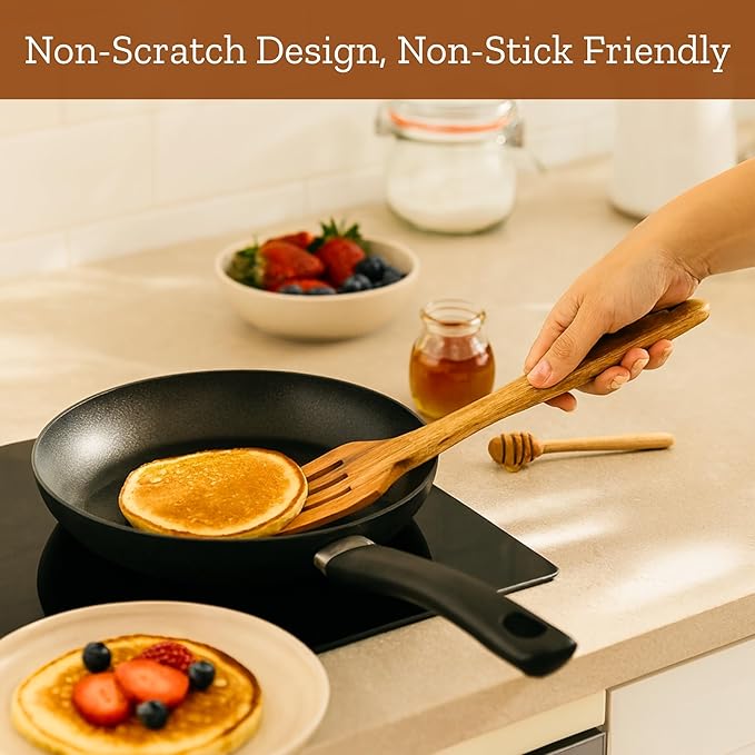 Mie Creations Acacia Wood Spatulas for Cooking, 6 Pcs Wooden Kitchen Cooking Utensils for Nonstick Pans & Cookware, Set of 6 Turner, Paddle, Slotted Spatula, Spoon, Fork, Sturdy Smooth Heat Resistant