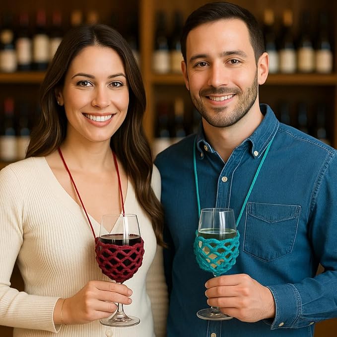 2 Pack Crochet Cotton Wine Glass Lanyard Holder for Wine Festival Lovers Gifts (Hot Pink-Periwinkle)