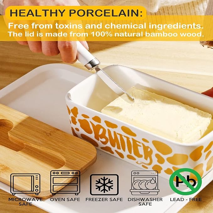 Cow Butter Holders, Cceramic Butter Dish with Lid, Large Butter Dish with Lid for Countertop, Silicone Sealing, Good Kitchen Gift, White (Gold with Knif)