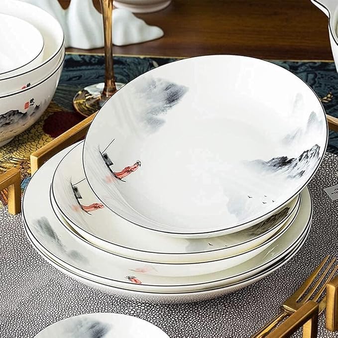 Dinnerware Set, Plates and Bowls Sets, Chinese Style Porcelain Set Dinner Dishes Set Plates/Bowls/Spoons and Soup Pot Service for 12, 60-Piece