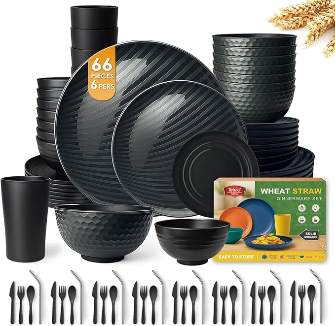 Teivio 66-Piece Kitchen Plastic Wheat Straw Dinnerware Sets for 6, Dinner Plates, Plates and Bowls Sets,Cups, Flatware, Dishwasher Safe, Unbreakable Apartment Outdoor Camping Dishes, Black