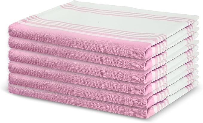 Urban Villa Kitchen Towels 100% Cotton Dish Towels for Kitchen (Set of 6) 20”x30” Dish Cloths Highly Absorbent Kitchen Linen Set with Hanging Loop Perfect for Drying Dishes Cleaning Towels-Pink White