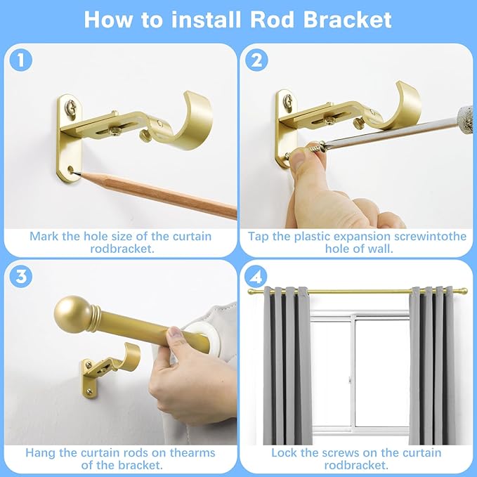 Curtain Rods for Windows 16 to 48 Inches, Curtain Rod Max Adjustable Length of 60 IN, 1" Diameter Drapery Rods Round Finials, Warm Gold, Pack of 1