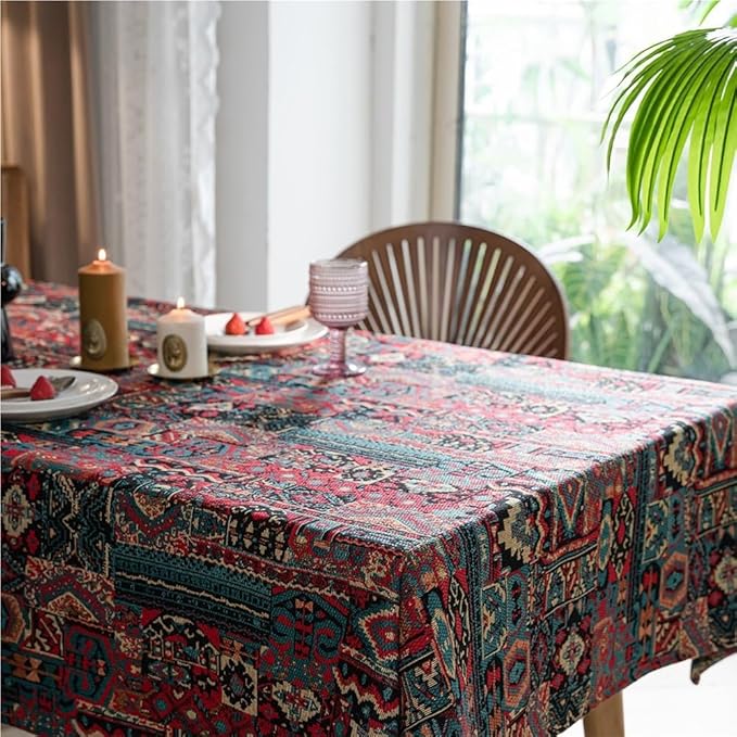 Rectangular Tablecloth Colorful Jacquard Tablecloth Double-Sided Pattern Thick Tablecloth Geometric Bohemian Style Suitable for Restaurant Camping(140 * 180cm)