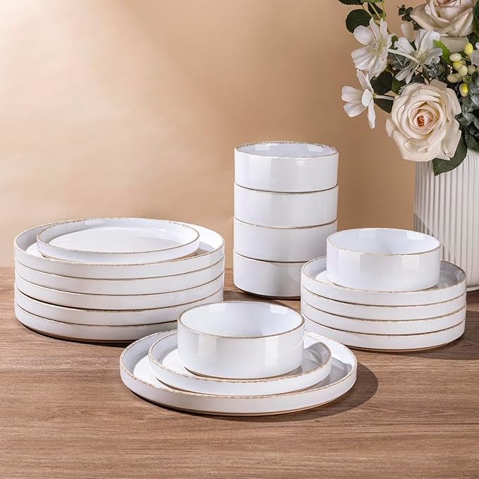 AmorArc Ceramic Dinnerware Sets for 4, 12 Pieces Handpainted Plates and Bowls Set with Rustic Terracotta Underside, Scratch Resistant Stoneware Dishes Set, Dishwasher & Microwave Safe
