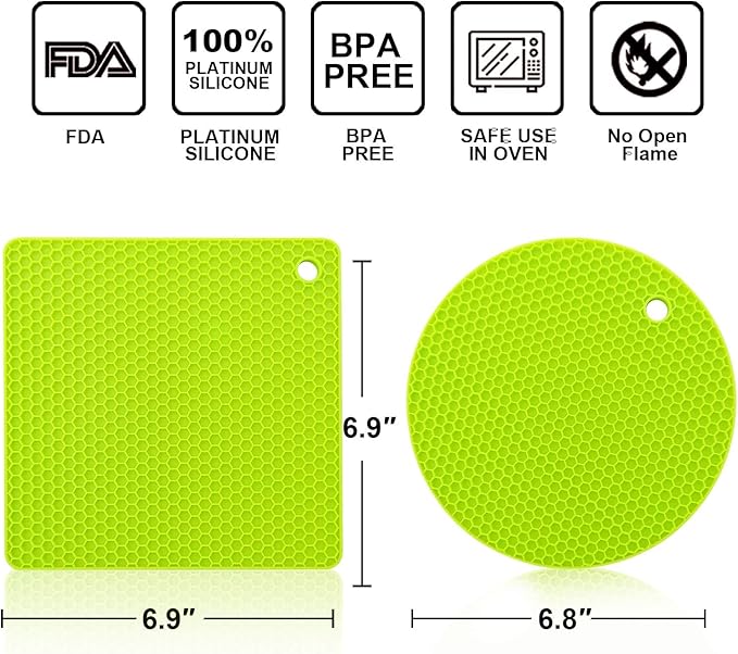Walfos Silicone Trivet Mats - 4 Heat Resistant Pot Holders, Multipurpose Non-Slip Hot Pads for Kitchen Potholders, Hot Dishers, Jar Opener, Spoon Holder, Food Grade Silicone & BPA Free (Green)