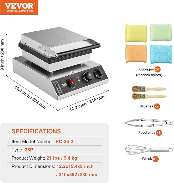 VEVOR Mini Dutch Pancake Maker, 25PCS 43mm Diameter Dorayaki Baker Machine, 1700W Commercial Electric Poffertjes Grill, Non-stick Stainless Steel, Temp & Time Control, for Home Kitchen Restaurant