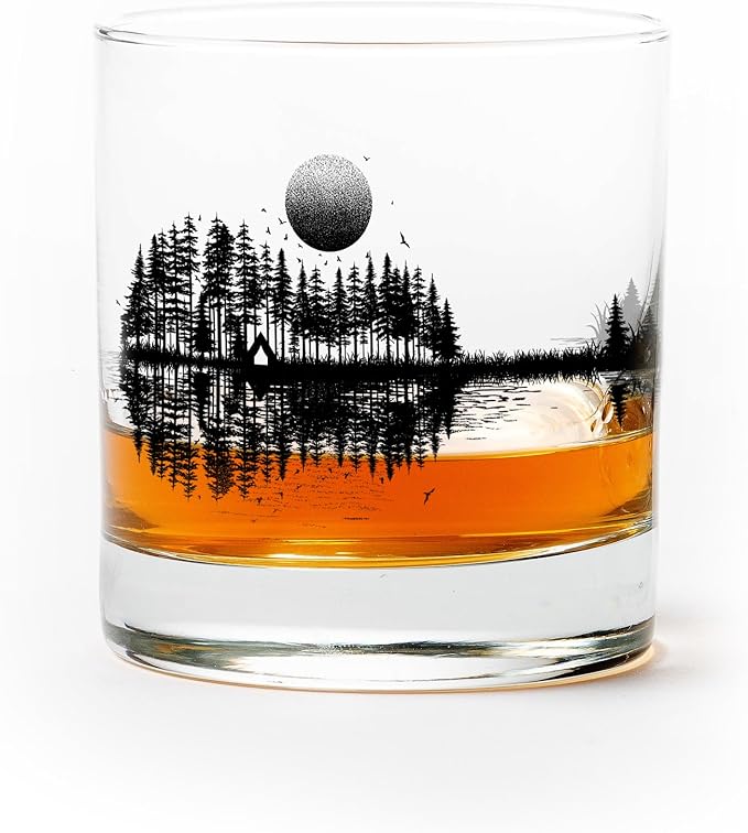 Black Lantern Nature Guitar Whiskey Glass – 11oz Heavy-Base Tumbler with Screen-Printed Forest & Mountain Design – Cocktail, Bourbon, Scotch Glass for Music & Outdoor Lovers