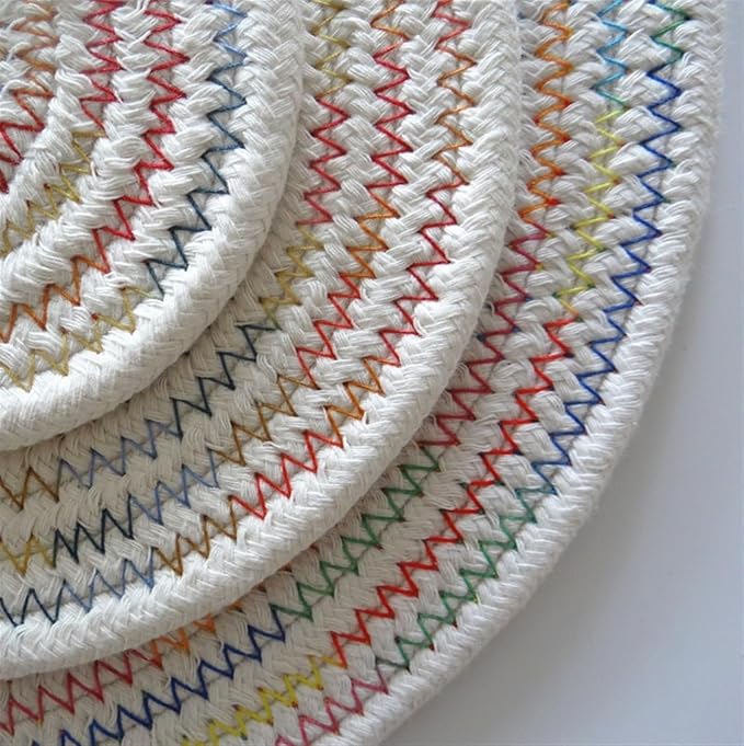 Cotton Woven Braided Round Coasters and Place Mats for Patio Outdoor Dining Kitchen Table Farmhouse Home Decor(Colorful Series,R 18cm)