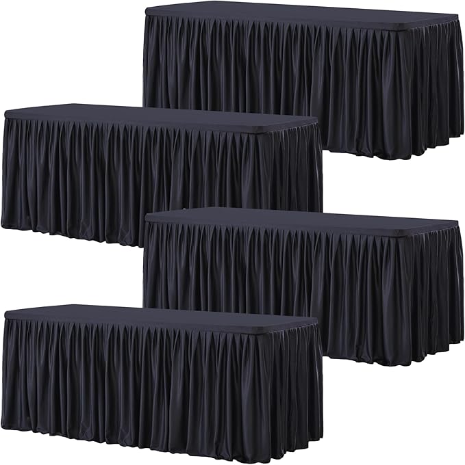 Wish Care 4 Pack Black Rectangle Table Clothes for 8 Foot Tables, Polyester Fitted Tablecloths 8ft Stretch Table Cover for Wedding, Birthday, Parties, Trade Show, Craft Show