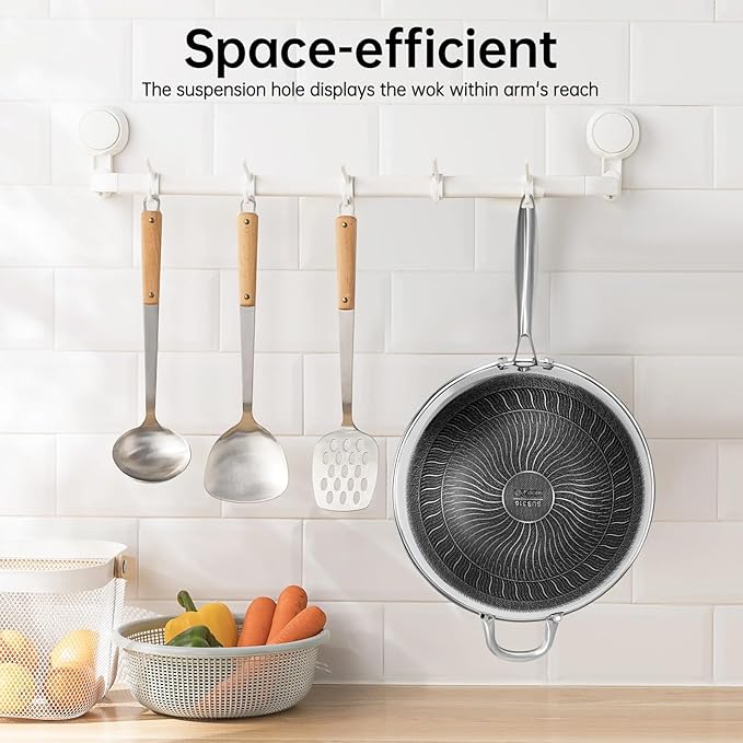 Wok Pan, 13.4 inch Stainless Steel Honeycomb Non Stick Stir Fry Pan with Lid and Stay-Cool Handle PFOA Free Cookware for Induction Gas Electric & Ceramic Cooktops Dishwasher