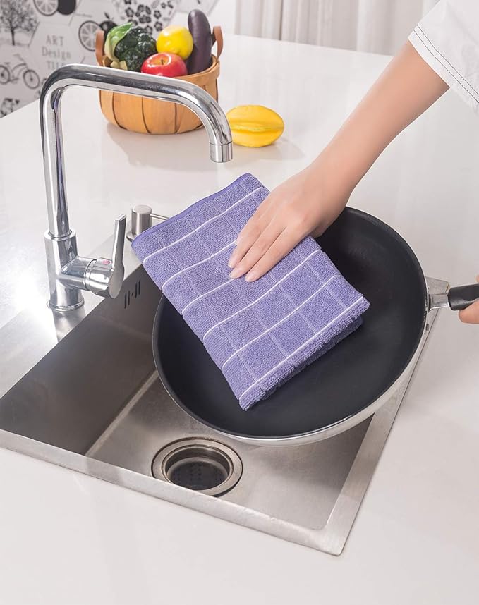 Microfiber Dish Towels - Soft, Super Absorbent and Lint Free Kitchen Towels - 8 Pack (Lattice Designed Purple Colors) - 26 x 18 Inch