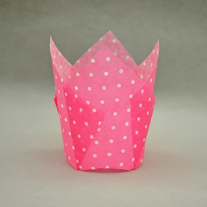 Large Muffin Greaseproof paper Baking cupcake cups, 2-1/4" x 4" Pink printed with Polka Dot Tulip Baking Cup(Large) (125pcs)