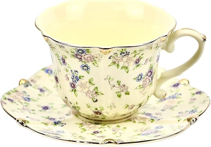 TATSUMI Country Roses 18 Peices Bone China Tea Cup And Saucer Set, English Vintage Tea Cups Of 6 For Women And Tea Party Sets(yellow,6 Sets)
