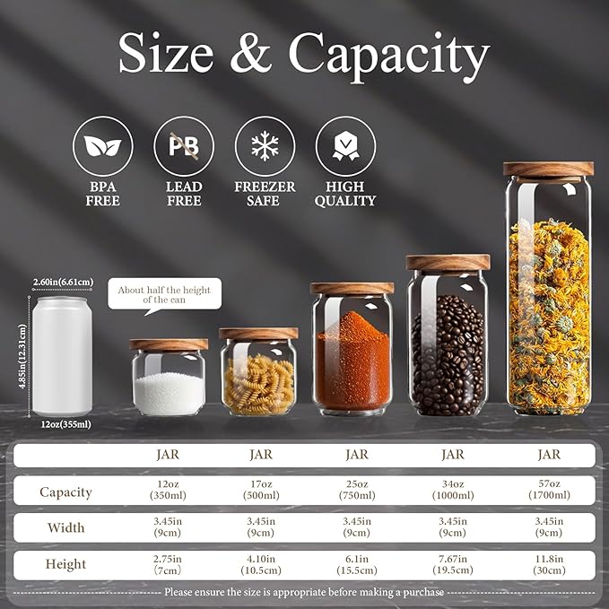 Glass Jars with Airtight Wood Lids - 34 OZ Kitchen Pantry Storage Containers, Decorative Canister for Fusilli, Spaghetti, Pasta, Sugar, Coffee Beans, Cereal, Oats, Candy, Cookie, Tea, Nuts, Set of 2