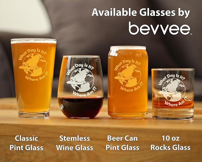 Bevvee What Day Is It - Stemless Wine Glass - Funny Flight Attendant Gifts for Flight Attendants & Pilots - Large 17 Ounce Glasses