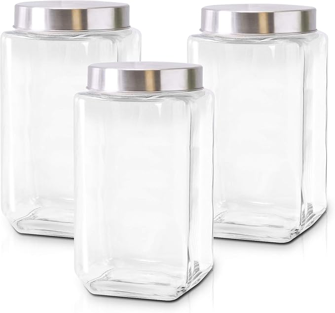 Glass Canisters for Kitchen – Set of 3 Large Food Storage Containers – 70Oz Storage Jars with Stainless Steel Lids – Suitable for Snacks, Flour, Sugar, Pet Treats – Screw-On Lid