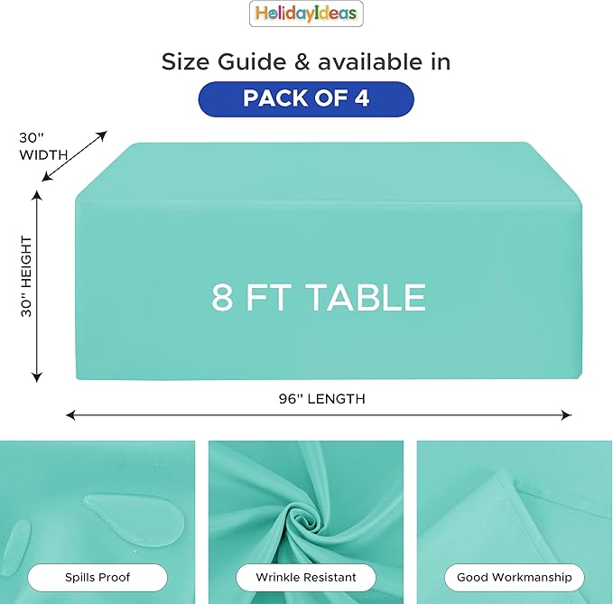 HolidayIdeas Fitted Tablecloths for 8 Foot Rectangle Table, Full Coverage Table Covers 30x96 Inch for Vendor Booth Display, Banquet, Trade Show, Aqua, 4 Pcs