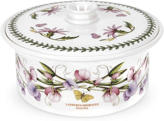 Portmeirion Botanic Garden 9.5" Round Casserole Dish with Cover, Sweet Pea Motif - Durable Porcelain Baking Dish with Chip-Resistant Glaze, Dishwasher & Microwave Safe - Stylish Bakeware & Serveware