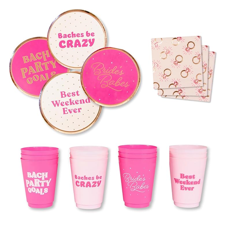 48 Pcs Variety Pack Bachelorette Party Cups, Plates & Napkins by Stag & Hen | Custom Personalized Drinkware Tableware for Cute Classy Theme Bridal Shower, Engagement Party | Gifts, Favors, Decor