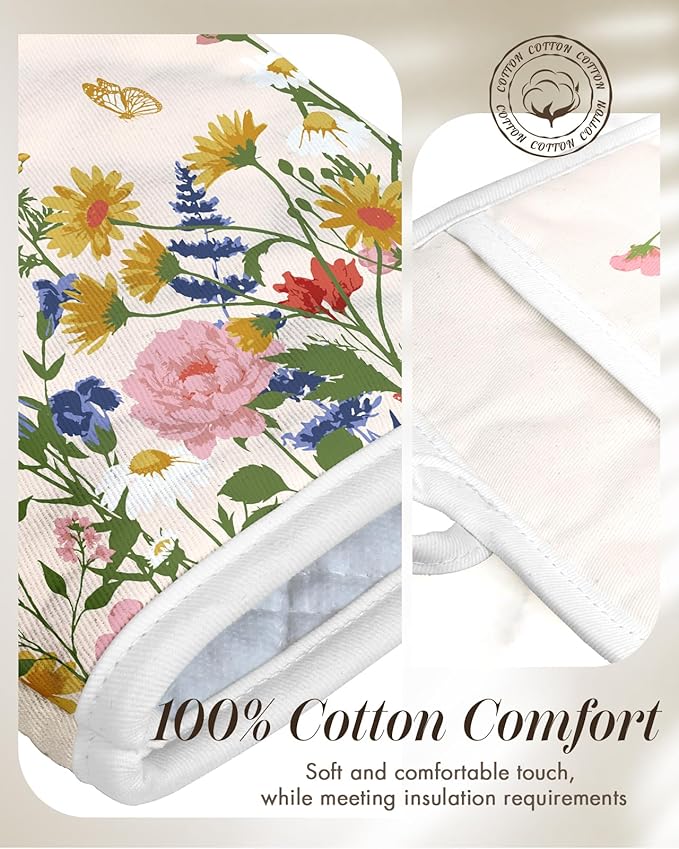Cotton Oven Mitts and Pot Holders Sets - Quilted Lining Heat Resistant 4 Pieces Set with Hanging Loop Cute Farmhouse Boho Spring Kitchen Decor and Accessories, Retro Flower