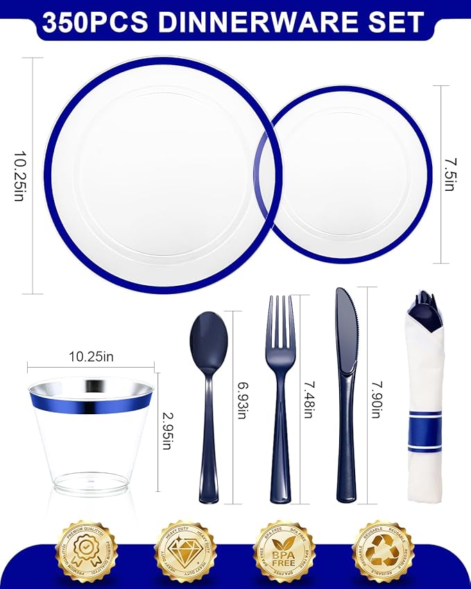 350PCS Plastic Clear Blue Plates for Party, Disposable Dinnerware Set for 50 Guests,100 Plastic Plates, 50 Cups, 50 Pre-Rolled Napkins with Cutlery for Party, Christmas, Wedding