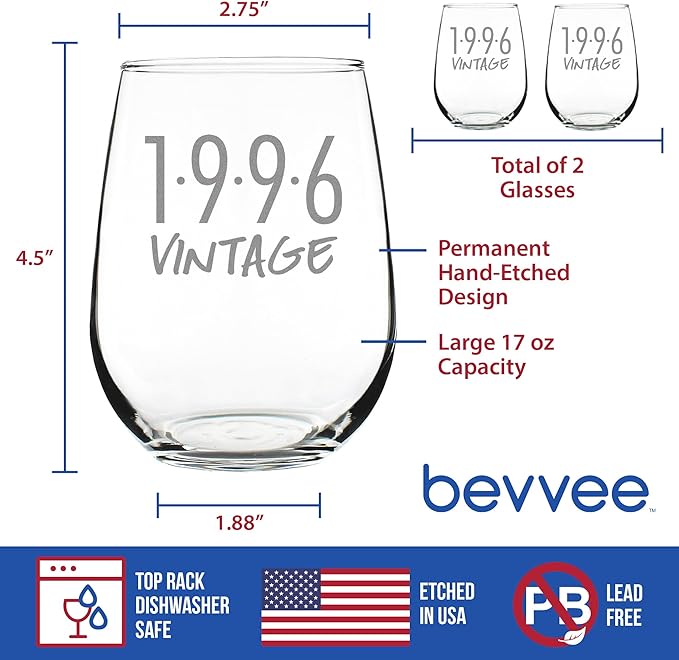 Bevvee Vintage 1996 Stemless Wine Glass - 30th Birthday Gifts for Women & Men Turning 30 - Bday Party Decor - Set of 2 - Large 17 oz