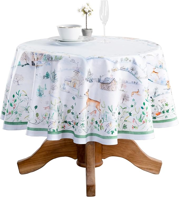 Maison d' Hermine Table Cloth Round Table 100% Cotton 69 Inches Fall Tablecloth Reusable Everyday Use for Thanksgiving Christmas Decorations Dining Farmhouse Party (Snowy World)