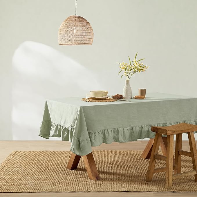 MONDAY MOOSE Ruffle Farmhouse Rustic Rectangle Natural Stonewashed Cotton Tablecloth for Kitchen, Dining Room, Restaurant (60x120 inch, Sage Green)