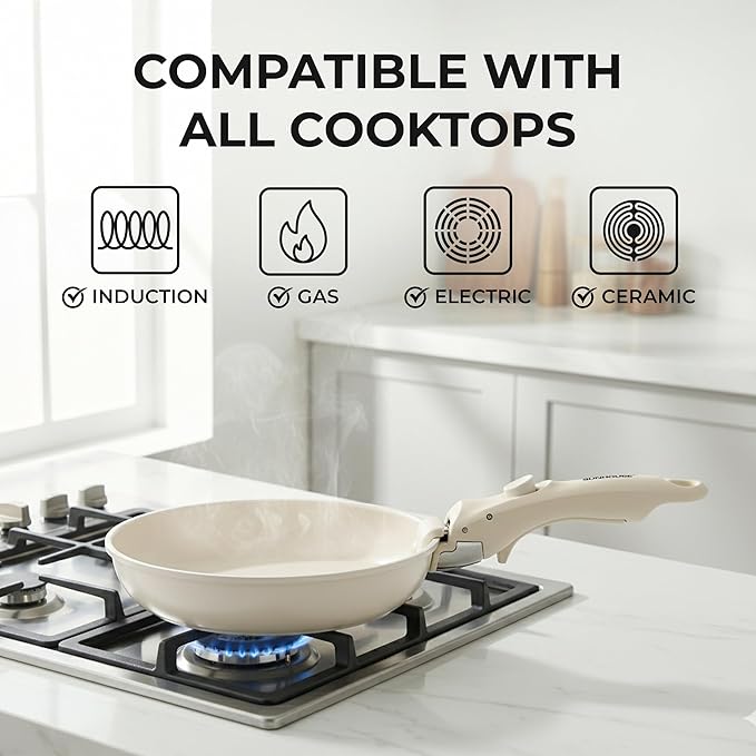SUNHOUSE 5-Piece Ceramic Pot & Pan Set with Detachable Handle - Nonstick Cookware Set with Lid - PFOA, PFAS & PTFE-FREE, RV Cookware for camping, Dishwasher safe, Oven Safe