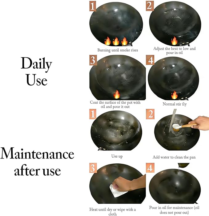 14 Inch Chinese Hand Hammered Iron Wok and Stir Fry Pans with Wooden Handle and Lid Round Bottom Wok Pan Non-stick No Coating Ideal for Home Use and Gift Giving