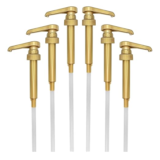 HANDIT - Gold Coffee Syrup Pumps | Fits 25.4oz/750ml Liter Torani, Skinny, Davinci and Monin Plastic 33.8oz Bottles | Does Not Fit Monin Glass 750ml (6 Pack)