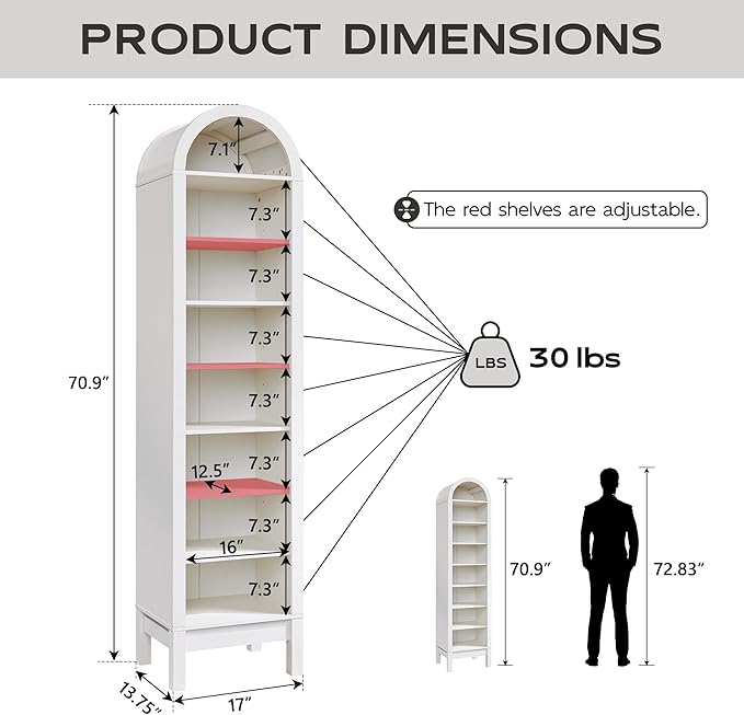 71" Tall Arched Bookshelf, 8 Tiers Arch Bookcase with Storage, Modern Farmhouse Book Shelf with Adjustable Shelves, Wood Bookshelf w/Open Display Shelves for Living Room, Office (Antique White)