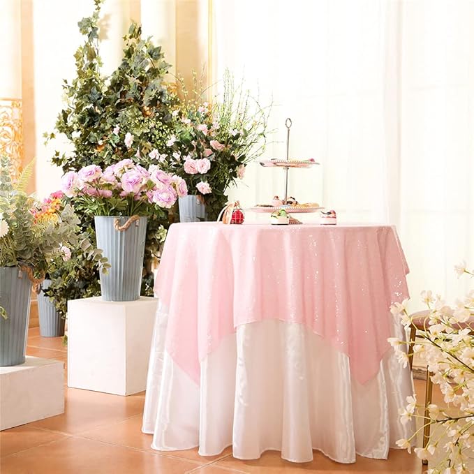 Eternal Beauty Sequin Tablecloth, 50x50 Inch Pink Square Glitter Table Cover for Valentines Cake Dessert Exhibition Party Birthday Events