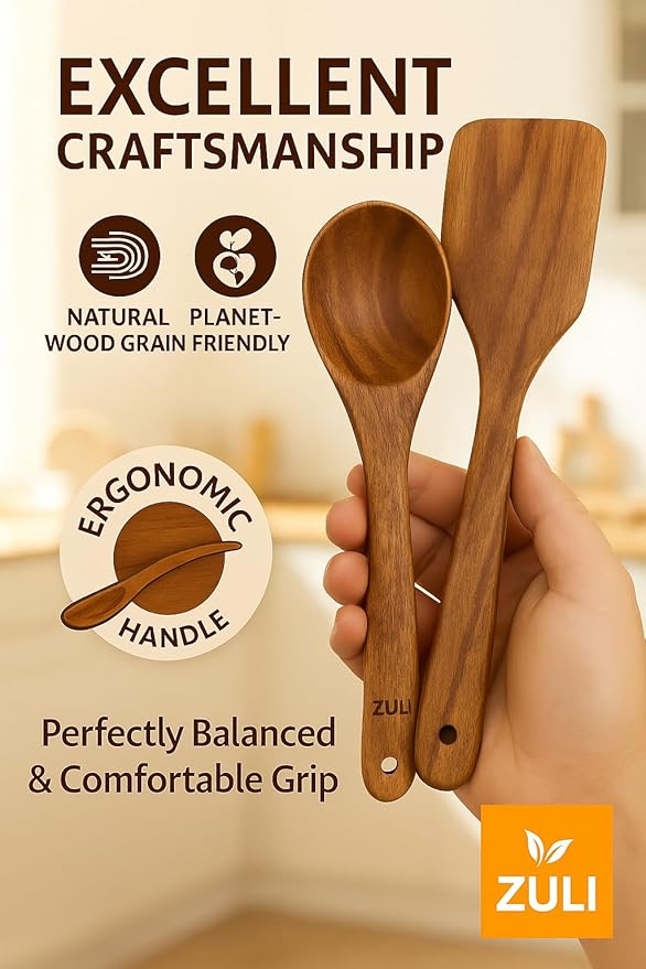 6-Piece Teak Wooden Cooking Utensil Set – Spoons and Spatulas for Nonstick Cookware, Non-Scratch Heat-Resistant Eco-Friendly Kitchen Tools