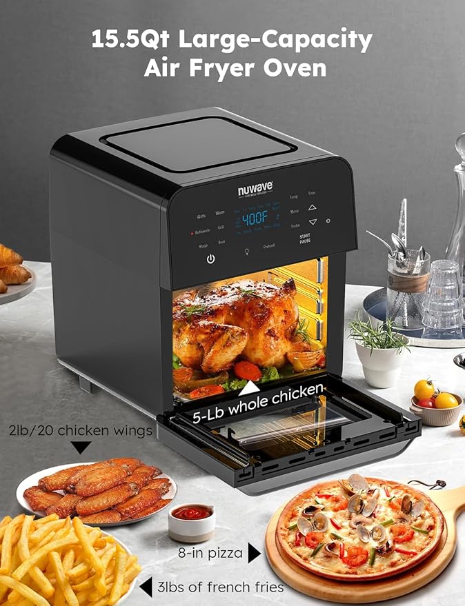 Nuwave Brio Air Fryer Oven, 15.5Qt X-Large Family Size, SS Rotisserie Basket &-Skewer Kit, Powerful 1800W, 50F-425F Temp Controls, Integrated Smart Thermometer