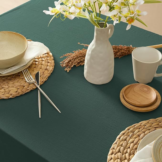 MONDAY MOOSE Ruffle Farmhouse Rustic Rectangle Natural Stonewashed Cotton Tablecloth for Kitchen, Dining Room, Restaurant (60x86 inch, Teal Green)