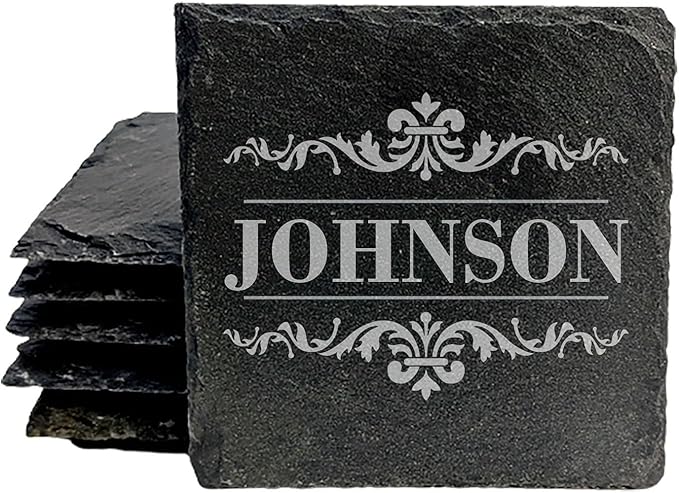 Personalized Monogram Family Coasters, Natural Stone Set, Birthday, Wedding, Customized, Rustic - Square Slate - Set of 4
