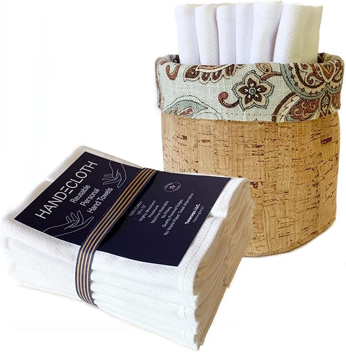 Reusable Paper Towel Set/Towels and Cork Fabric Basket/American Made/Machine Washable/Absorbent and Durable Edges and No Pilling (Paisley & Cork Leather Basket, 24 Pack Cloths)