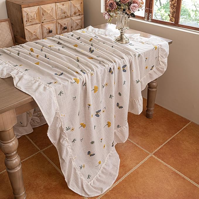 Ruffled Polyester Linen Tablecloth, Rectangular Dining Table Sunflower Butterfly Flower Ginkgo Biloba Embroidered Tablecloth, Multi-Style Bohemian Country Rustic Farmhouse Tablecloth 55x71 inches